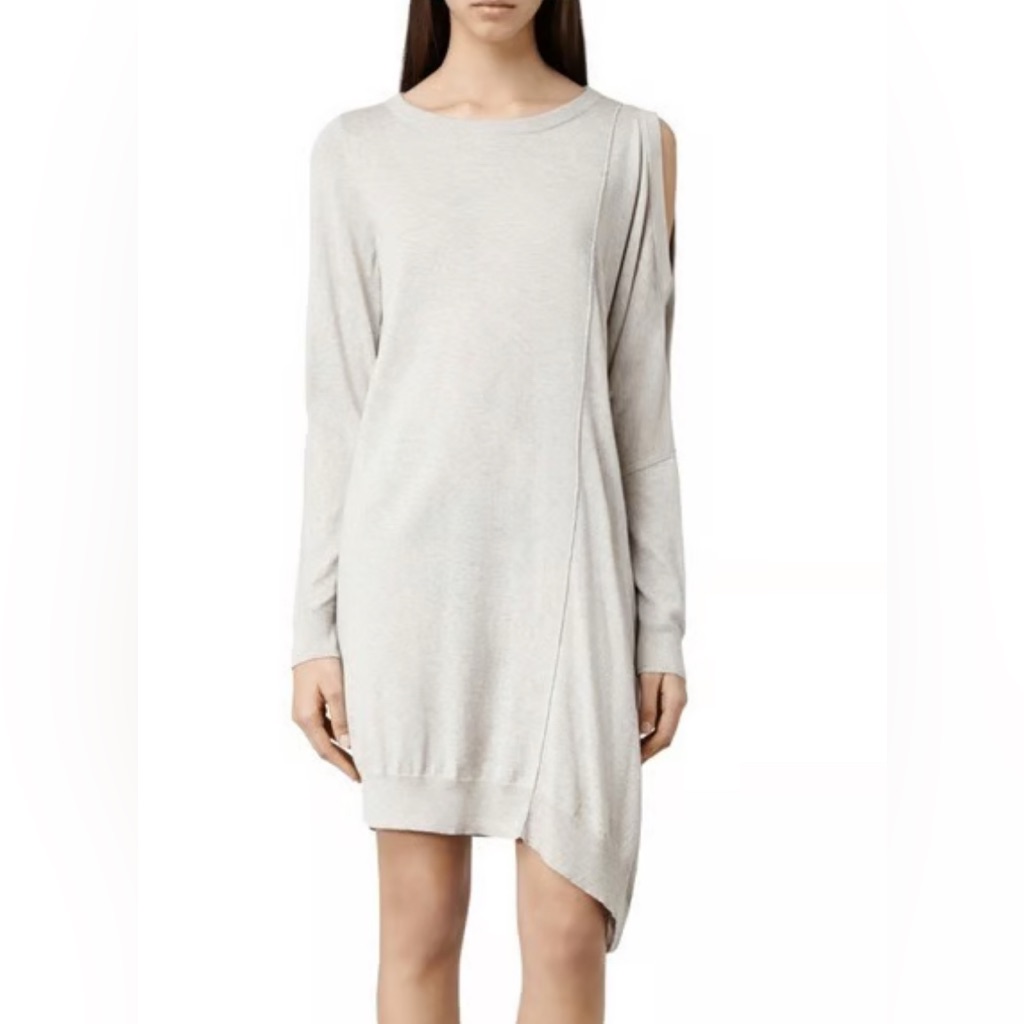 Euc All Saints Light Grey Asymmetric Long Sleeve Sago Dress 54% Silk 46% Cotton